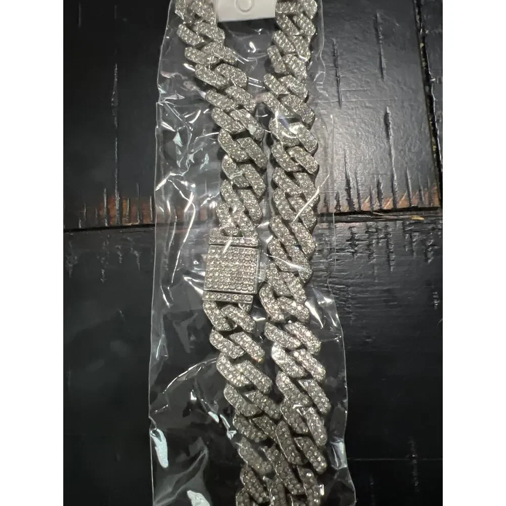 Iced Out Cuban Link Necklace/ Bracelet Set Men Hip Hop Rhinestone Silver 18